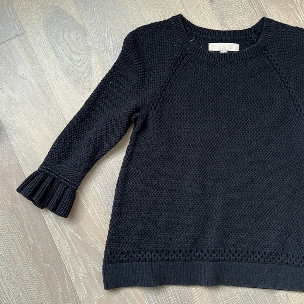 LOFT Black Knit Sweater with Ruffle Sleeves